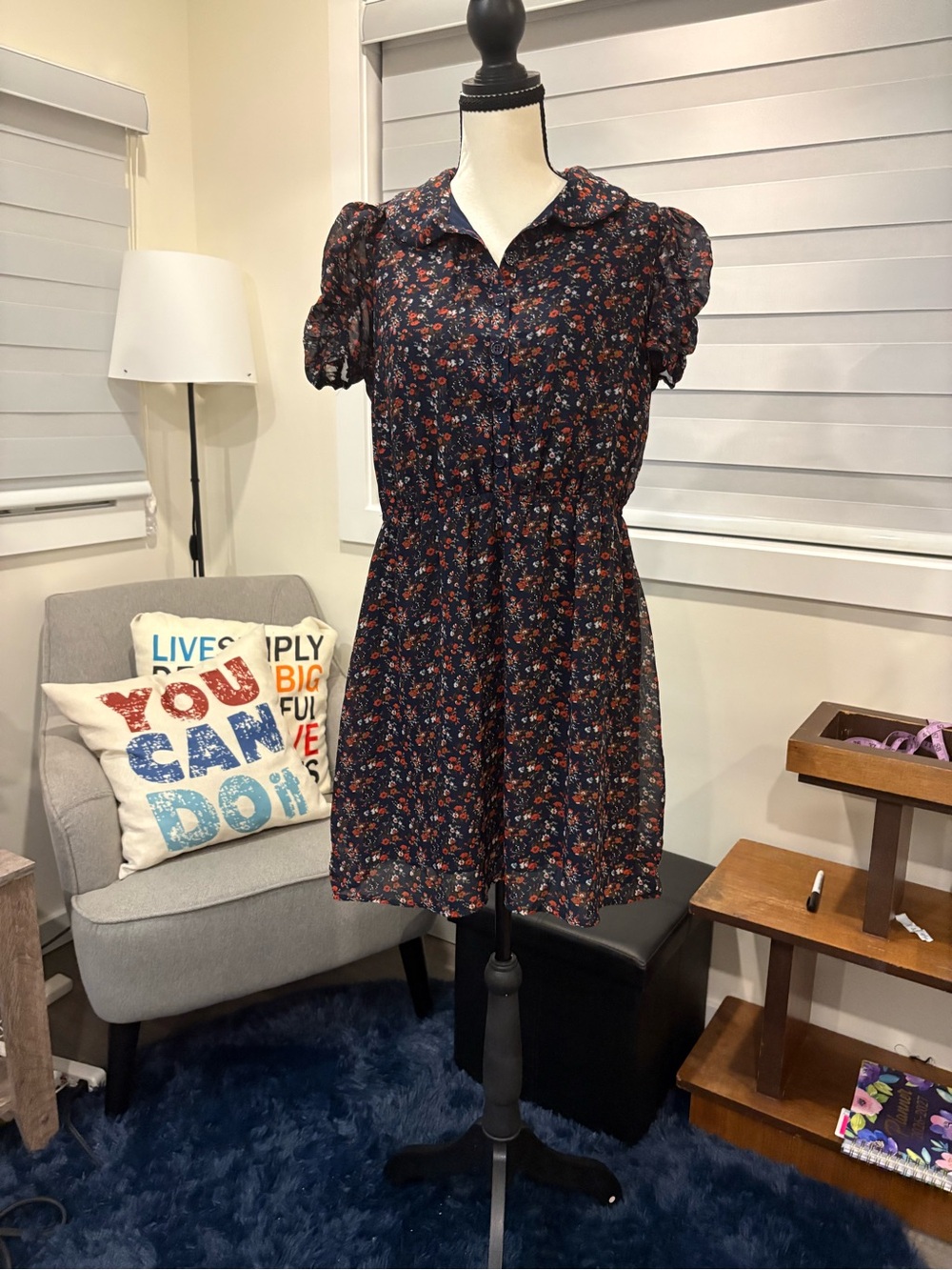 Forever 21 "Afternoon Date" Navy Floral Chiffon Mini Dress - Size L